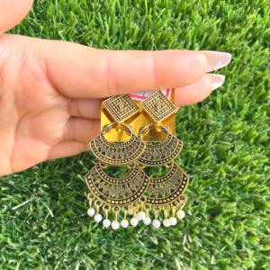 Golden White Beaded Jhumka Set